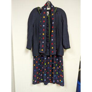 Vintage Leslie Fay Skirt Jacket Suit Set 14 Skirt Navy Blue Colorful Polka Dot